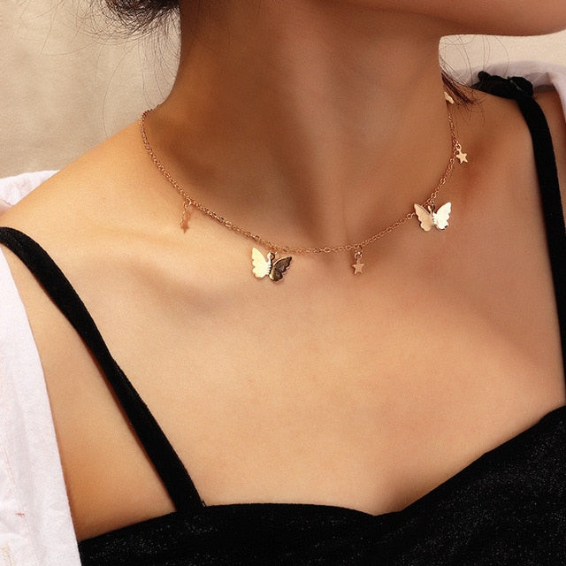 Fashion Choker Necklace Lovely Golden Silver Plated Butterfly Necklace Short Women Summer Holiday Romantic Gift Jewelry Wholesal