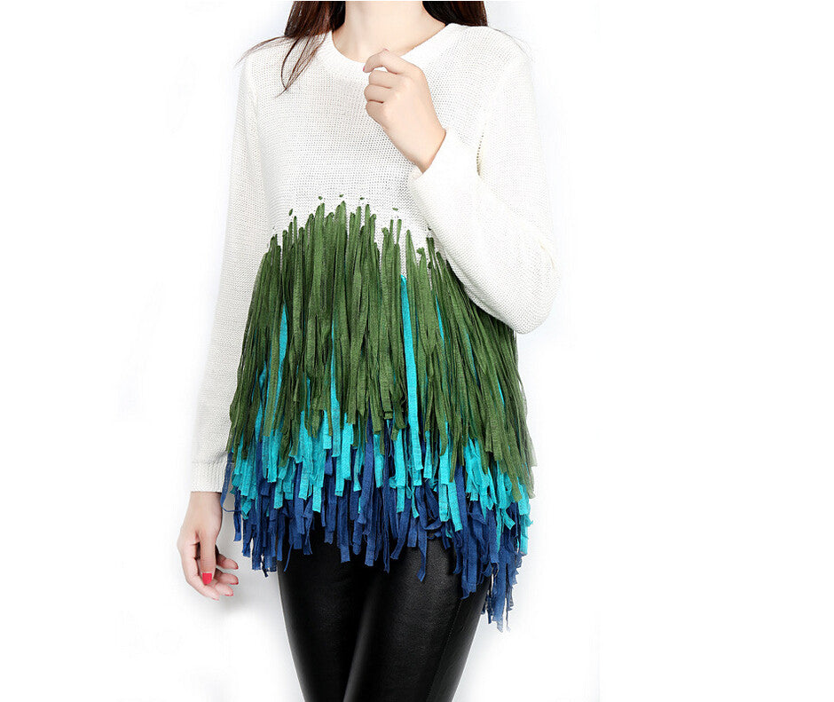 Womens Long Sleeve Knitted Round Neck Tassels Pullover Jumper Sweater Top - SweetShop