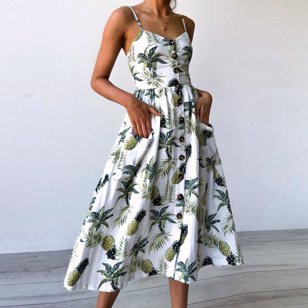 Women Sexy Printing Buttons Off Shoulder Sleeveless Dress Princess Dress - SweetShop