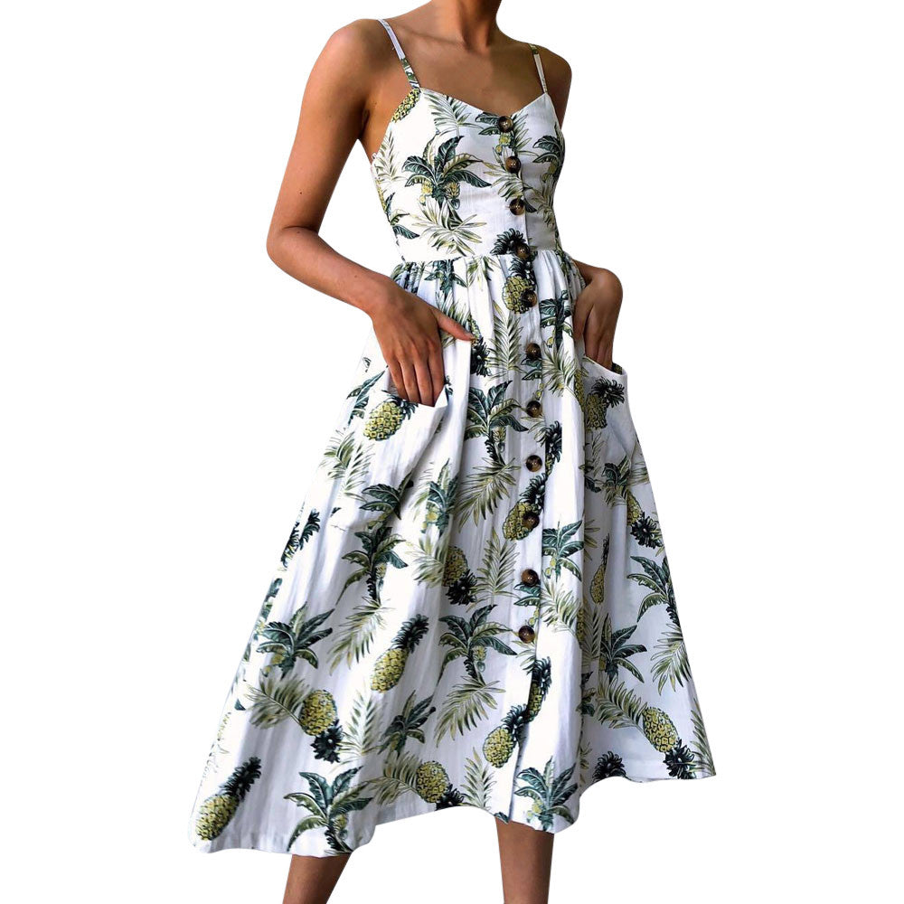 Women Sexy Printing Buttons Off Shoulder Sleeveless Dress Princess Dress - SweetShop