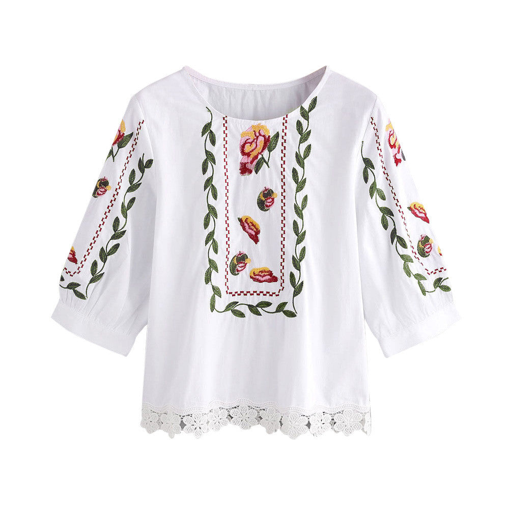 Women Lace Floral Flower Printed Blouse Casual Tops Loose T-Shirt - SweetShop